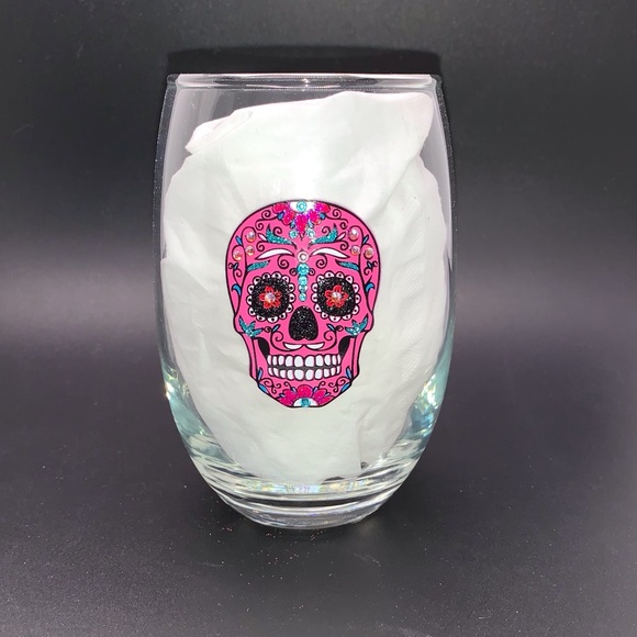 BLING GLITTER & SWAROVSKI CRYSTALS PINK & TEAL SUGAR SKULL STEMLESS WINE GLASS - Picture 4 of 12
